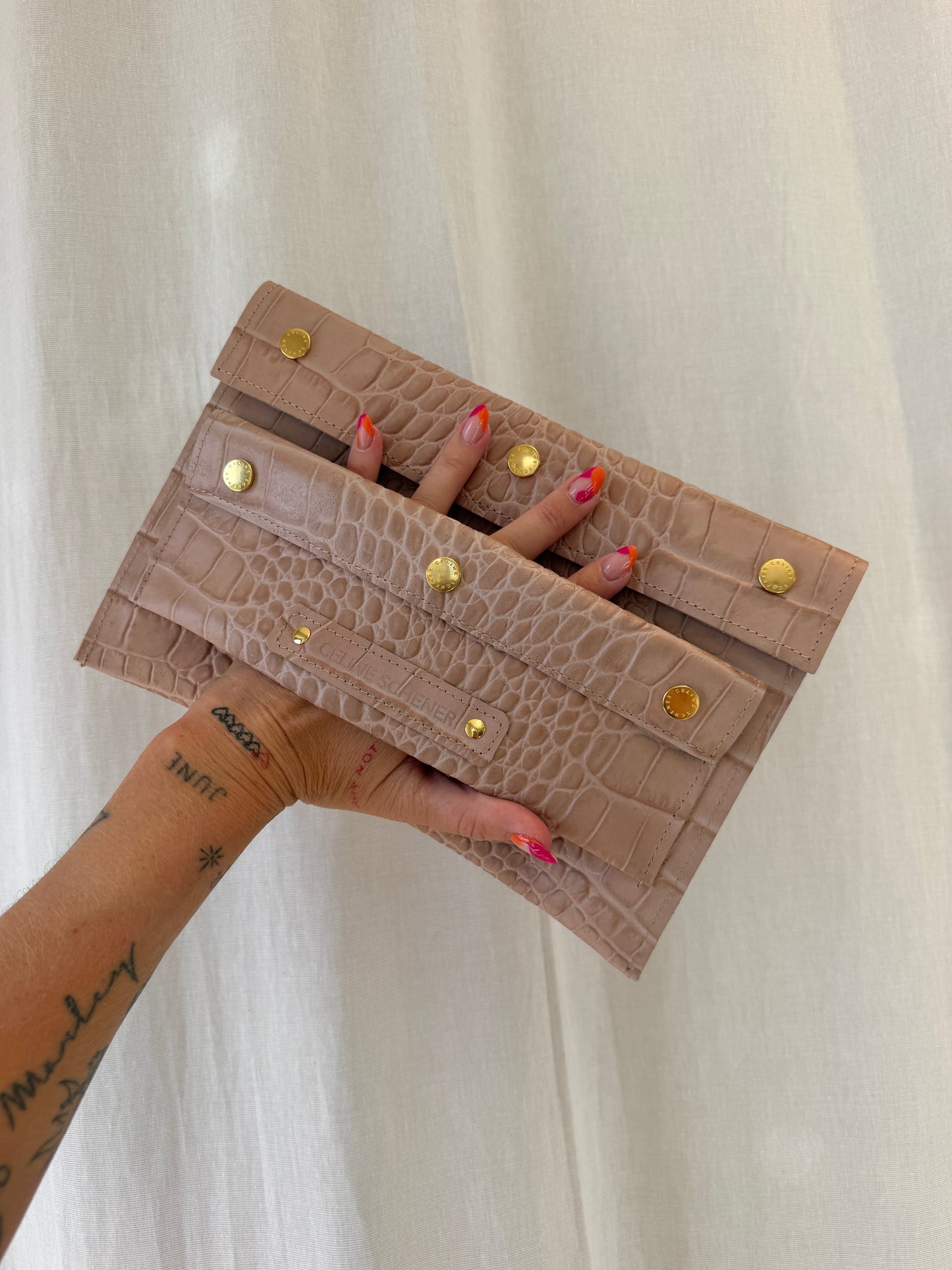 POCHETTE PIA CROCO BEIGE + GOLD