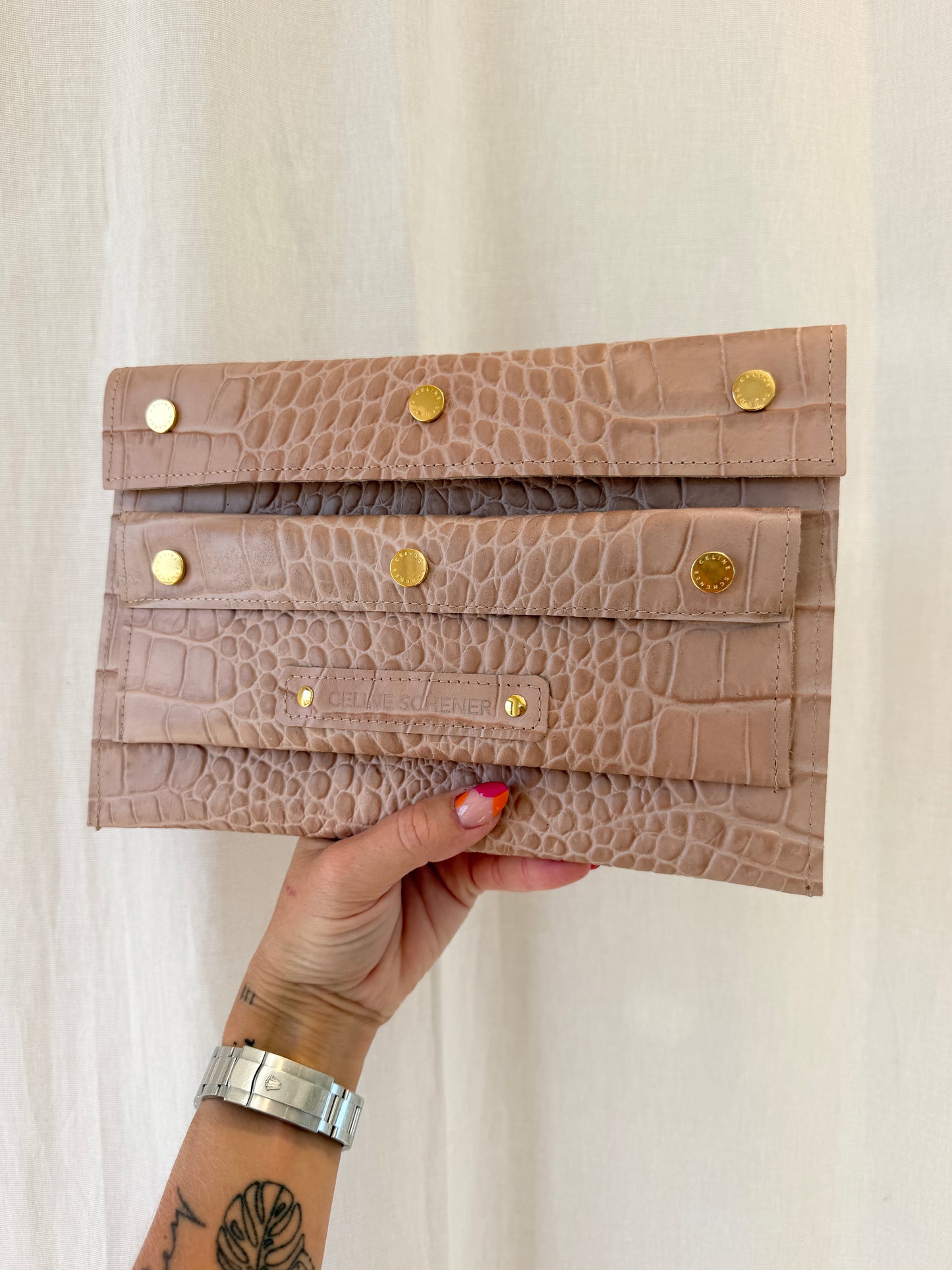 POCHETTE PIA CROCO BEIGE + GOLD