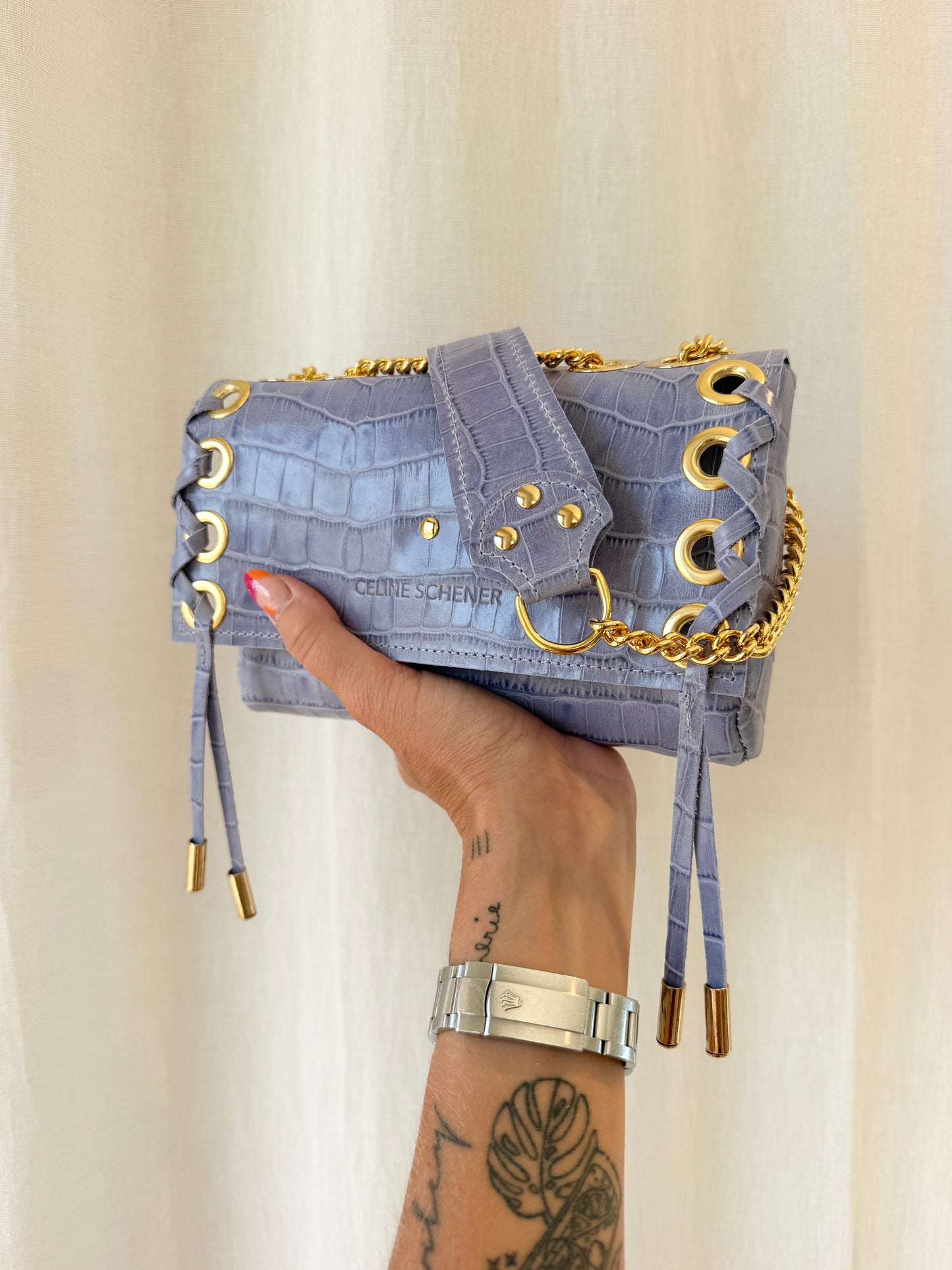 SAC MINI DJANGO CROCO PARME LACE UP GOLD