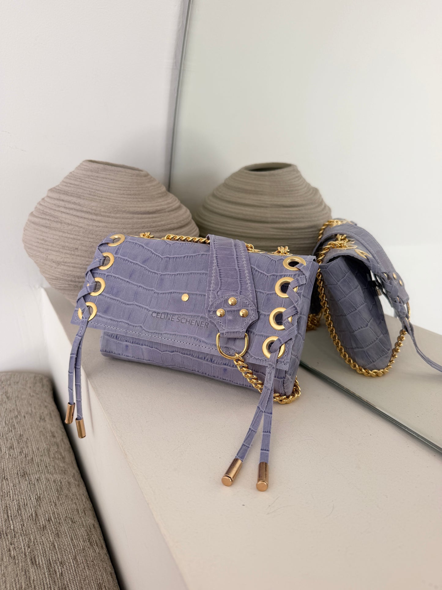 SAC MINI DJANGO CROCO PARME LACE UP GOLD