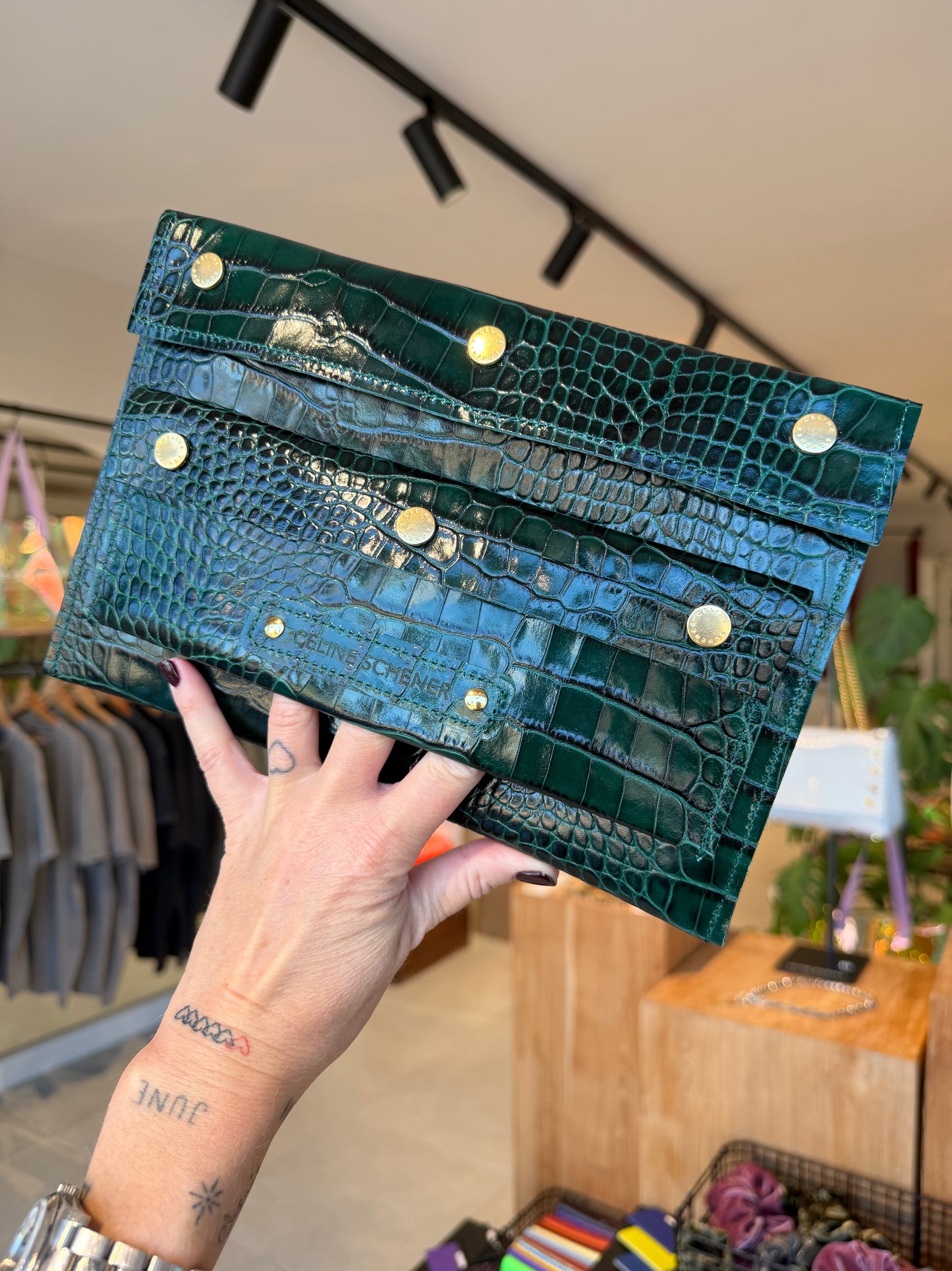 POCHETTE PIA CROCO GREEN + GOLD
